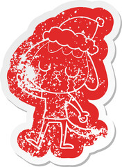 cute cartoon distressed sticker of a dog crying wearing santa hat