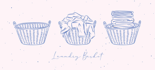 Laundry baskets empty, with dirty and clean clothes drawing in graphic style on peach background