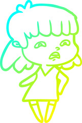 cold gradient line drawing cartoon worried woman