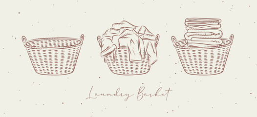 Laundry baskets empty, with dirty and clean clothes drawing in graphic style on beige background