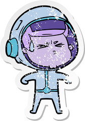 distressed sticker of a cartoon stressed astronaut