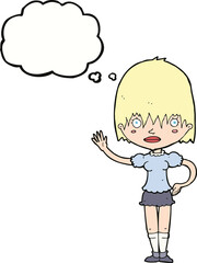 cartoon waving woman with thought bubble