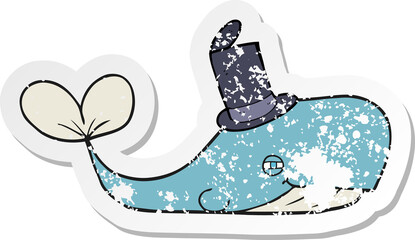 retro distressed sticker of a cartoon whale wearing hat