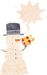 cartoon christmas snowman and speech bubble in retro textured style