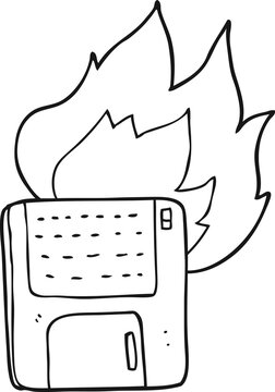black and white cartoon old computer disk burning