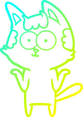 cold gradient line drawing happy cartoon cat shrugging;shoulders