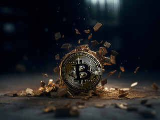 bitcoin crash, concept, bitcoin coin on the wreckage, cryptocurrency in the background, bitcoin, generative ai