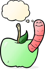 cartoon apple with worm with thought bubble
