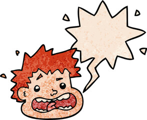 cartoon frightened face and speech bubble in retro texture style
