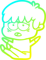 cold gradient line drawing cartoon exhausted boy