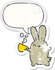 cute cartoon rabbit drinking coffee and speech bubble distressed sticker