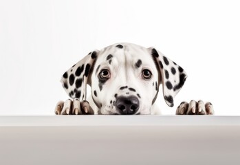 Adorable Dalmatian Puppy Peeking Out from Behind White Table with Copy Space, Isolated on White Background. Generative AI.