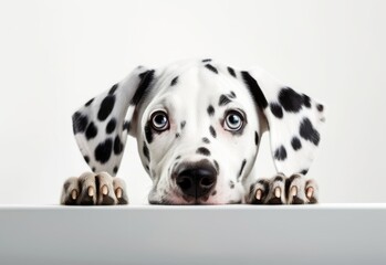 Adorable Dalmatian Puppy Peeking Out from Behind White Table with Copy Space, Isolated on White Background. Generative AI.
