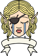 crying elf rogue character face with banner illustration