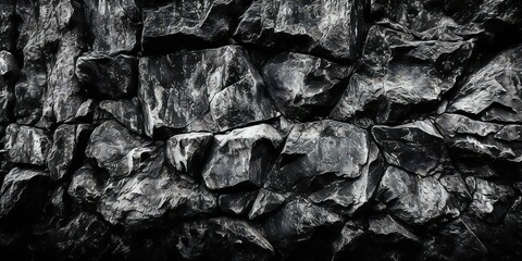 Black white stone texture. Rock surface. Close - up view. Like a old rough concrete wall. Dark gray grunge background with space for design. Template. Backdrop. Wide banner. Generative AI