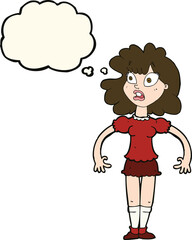 cartoon pretty girl with shocked expression with thought bubble