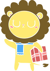 flat color style cartoon lion with christmas present