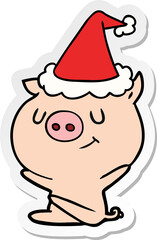happy sticker cartoon of a pig wearing santa hat