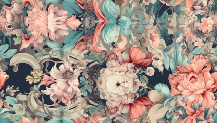 Floral summer seamless pattern. Luxurious baroque garden flowers and butterfly. Peonies flowers and leaves. Luxury background for textiles, wallpaper, paper created with Generative AI technology