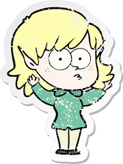 distressed sticker of a cartoon elf girl staring