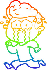 rainbow gradient line drawing cartoon crying man running