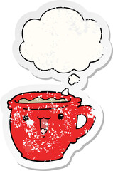 cute cartoon coffee cup and thought bubble as a distressed worn sticker