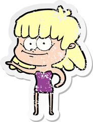 distressed sticker of a cartoon smiling woman