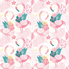 Fototapeta na wymiar Pink flamingo in exotic forest on white background. Summer print. Seamless pattern. Vector.