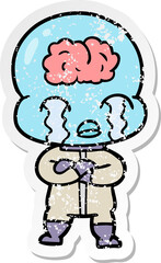 distressed sticker of a cartoon big brain alien crying