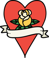 traditional tattoo of a heart rose and banner