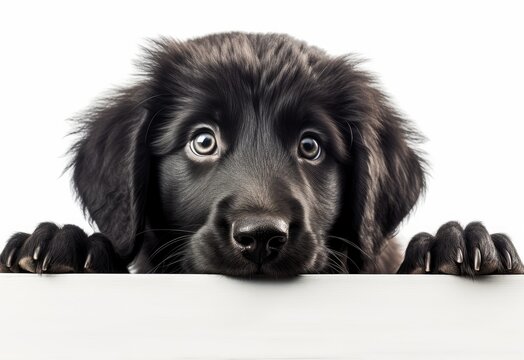 Adorable Flat-Coated Retriever Puppy Peeking Out from Behind White Table with Copy Space, Isolated on White Background. Generative AI.