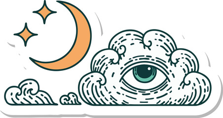 cloud and moon tattoo style sticker graphic