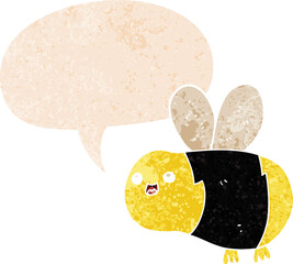 cartoon bee and speech bubble in retro textured style