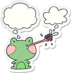 cartoon frog catching fly and thought bubble as a printed sticker
