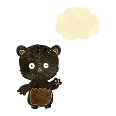 cartoon black bearcub waving with thought bubble
