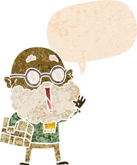 cartoon joyful man with beard and parcel under arm and speech bubble in retro textured style