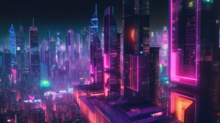 Cityscape of asian cyberpunk city at night, bright neon lighting, skyscrapers, futuristic illustration by Generative AI