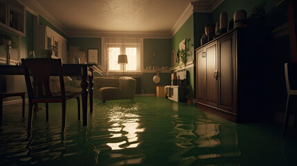 Illustration of flooded retro flat interior, Generative AI