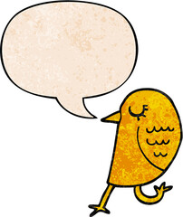 cartoon bird and speech bubble in retro texture style