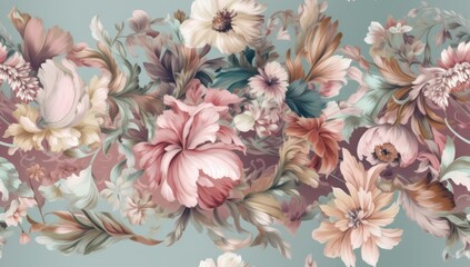 Floral summer seamless pattern. Luxurious baroque garden flowers and butterfly. Peonies flowers and leaves. Luxury background for textiles, wallpaper, paper created with Generative AI technology - obrazy, fototapety, plakaty