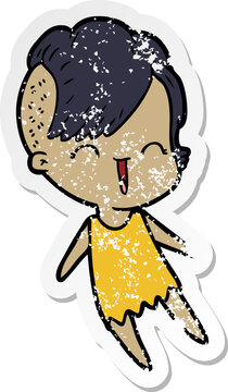 distressed sticker of a cartoon happy hipster girl