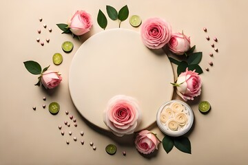 Simple yet elegant, top view flat lay features delicate roses arranged on a soothing beige background with an empty circle for promotional messages or branding empty space isolated with ultra light