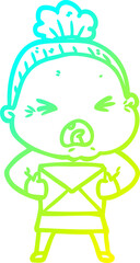 cold gradient line drawing cartoon angry old woman