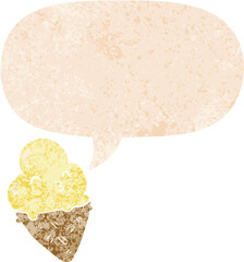 cartoon ice cream and speech bubble in retro textured style