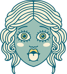 tattoo style icon of female face sticking out tongue