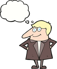 cartoon happy man in suit with thought bubble