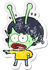 distressed sticker of a cartoon shocked alien girl