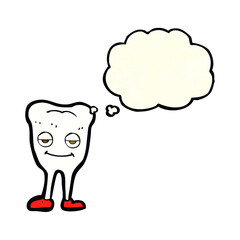 cartoon happy tooth with thought bubble