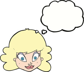 cartoon happy female face with thought bubble