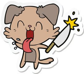 sticker of a cartoon crazy dog with knife